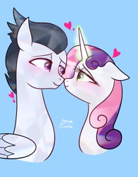 Size: 1074x1368 | Tagged: safe, artist:petaltwinkle, derpibooru import, rumble, sweetie belle, pegasus, pony, unicorn, bedroom eyes, blue background, blushing, cute, duo, eye contact, female, glowing, glowing horn, heart, horn, looking at each other, looking at someone, male, mare, nuzzling, older, older rumble, older sweetie belle, rumbelle, shipping, simple background, stallion, straight