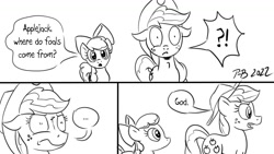 Size: 1200x675 | Tagged: safe, artist:pony-berserker, derpibooru import, apple bloom, applejack, earth pony, pony, pony-berserker's twitter sketches, duo, exclamation point, interrobang, pony-berserker's twitter sketches (2022), question mark, where do babies come from?