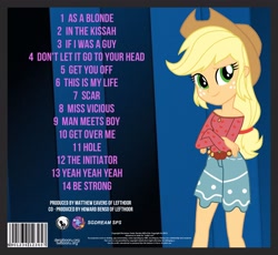 Size: 3710x3417 | Tagged: safe, alternate version, derpibooru import, applejack, human, eqg summertime shorts, equestria girls, legend of everfree, make up shake up, album, album cover, background human, boots, clothes, fefe dobson, legs, list, night, party, runway, shoes, singer, single, solo, song