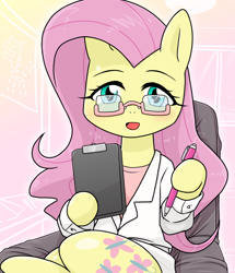 Size: 740x860 | Tagged: safe, alternate version, artist:batipin, derpibooru import, part of a set, fluttershy, pegasus, pony, semi-anthro, chair, clipboard, clothes, cute, doctor, female, glasses, hoof hold, lab coat, looking at you, mare, open mouth, pen, shyabetes, sitting, smiling, solo