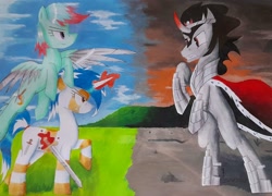 Size: 2447x1766 | Tagged: safe, artist:thecrimsonspark, derpibooru import, king sombra, oc, oc:murky silentium, oc:watercolor, monster pony, pegasus, unicorn, the crystal empire, angry, armor, black mane, blades, blue mane, coat markings, colored, colored horn, commission, commissioner:rautamiekka, crown, curved horn, ears, ears up, equestria, eyelashes, eyes open, fangs, feathered wings, female, floating, floppy ears, green coat, green mane, hooves, horn, jewelry, magic, magic aura, male, mane, mare, no eyelashes, pegasus oc, pegasus wings, ponytail, purple eyes, raised hoof, raised leg, rearing, red eyes, red mane, regalia, sky, smiling, smirk, sombra horn, sombra's cape, stallion, standing, stripes, sword, tail, tail band, teeth, telekinesis, the crystal empire 10th anniversary, traditional art, transformed, trio, two toned mane, two toned tail, unicorn oc, weapon, white coat, white mane, wings