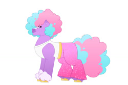 Size: 1280x854 | Tagged: safe, artist:itstechtock, derpibooru import, oc, oc:boogie down, earth pony, pony, clothes, female, magical lesbian spawn, mare, offspring, pants, parent:azure velour, parent:flashdancer, shirt, simple background, solo, white background
