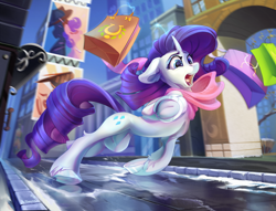 Size: 3500x2677 | Tagged: safe, artist:mithriss, derpibooru import, rarity, pony, unicorn, city, clothes, dynamic pose, falling, female, high res, ice, manehattan, mare, open mouth, outdoors, raised hoof, raised leg, road, scared, scarf, shopping, slipping, snow, solo, this will end in tears