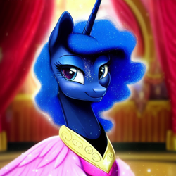 Size: 1024x1024 | Tagged: safe, derpibooru import, editor:dovakkins, generator:purplesmart.ai, generator:stable diffusion, machine learning generated, princess luna, alicorn, pony, alternate hairstyle, ballroom, beautiful, clothes, cute, dress, female, mare, smiling, solo