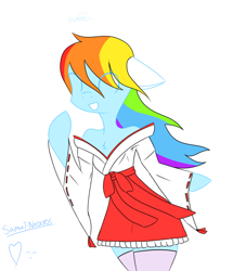 Size: 834x918 | Tagged: safe, artist:samuel-neocros, derpibooru import, rainbow dash, pegasus, semi-anthro, clothes, eye clipping through hair, grin, kimono (clothing), simple background, smiling, solo, white background, wip