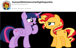 Size: 1024x656 | Tagged: safe, derpibooru import, sunset shimmer, twilight sparkle, twilight sparkle (alicorn), alicorn, avatar, bacon hair, blushing, female, lesbian, roblox, shipping, simple background, solo, sunsetsparkle