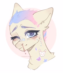 Size: 2600x3000 | Tagged: safe, artist:avroras_world, derpibooru import, oc, oc only, earth pony, pony, bandaid, bandaid on nose, blood, bust, ear fluff, ears, earth pony oc, freckles, nosebleed, one eye closed, simple background, solo, tattoo, white background, wink