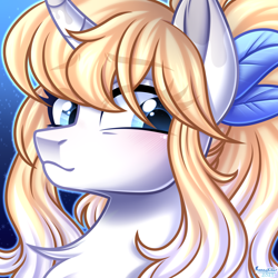 Size: 3000x3000 | Tagged: safe, artist:kannakiller, derpibooru import, oc, oc only, oc:scarlett holmes, pony, unicorn, blushing, chest fluff, commission, digital art, feather, female, horn, icon, looking at you, mare, simple background, solo, tail