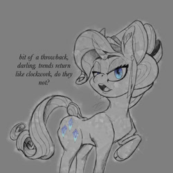 Size: 1216x1216 | Tagged: safe, artist:dant, derpibooru import, rarity, crystal pony, unicorn, alternate hairstyle, cloven hooves, curved horn, cutie mark, ear fluff, ears, eyebrows, eyelashes, glowing, gray background, horn, looking at you, monochrome, open mouth, partial color, raised hoof, raised leg, simple background, solo, talking to viewer, teeth, text, the crystal empire 10th anniversary