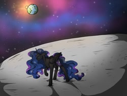 Size: 512x384 | Tagged: safe, artist:binibean, derpibooru import, nightmare moon, alicorn, pony, banishment, earth, female, moon, solo