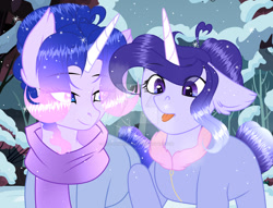 Size: 800x611 | Tagged: safe, artist:existencecosmos188, derpibooru import, oc, oc only, oc:existence, pony, :p, clothes, deviantart watermark, duo, ethereal mane, forest, obtrusive watermark, outdoors, scarf, snow, snowfall, starry mane, tongue, tongue out, watermark