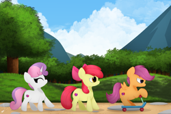 Size: 3000x2000 | Tagged: safe, artist:daftramms, derpibooru import, apple bloom, scootaloo, sweetie belle, earth pony, pegasus, pony, unicorn, friendship is magic, cute, cutie mark crusaders, fanart, high res, scooter, trio, walking