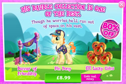 Size: 1956x1296 | Tagged: safe, derpibooru import, fair trade, twilight sparkle, crystal pony, earth pony, pony, advertisement, banner, banner of friendship, book, bucktooth, bush, clothes, costs real money, english, gameloft, hat, lucky coin, male, numbers, official, pins, quill, rhyme, sale, shirt, solo, solo focus, stallion, text