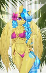 Size: 2035x3237 | Tagged: safe, artist:u_lu_lu, derpibooru import, oc, oc only, oc:jeppesen, anthro, pegasus, absolute cleavage, anthro oc, beautiful, beautisexy, belly, belly button, bikini, braid, braided tail, breasts, cleavage, clothes, collarbone, eyebrows, eyebrows visible through hair, female, flower, flower in hair, leaves, looking at you, mare, pegasus oc, reasonably shaped breasts, reasonably sized breasts, shower, side-tie bikini, smiling, string bikini, swimsuit, tail, twin braids, water, wet, wings