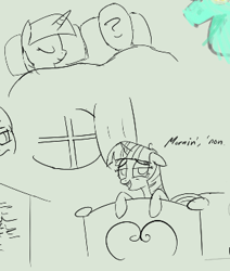 Size: 302x356 | Tagged: safe, artist:truthormare, ponerpics import, twilight sparkle, oc, oc:anon, human, pony, unicorn, /bale/, aggie.io, bed, cropped, dialogue, doodle, duo, female, human male, male, mare, monochrome, morning, simple background, sketch, sleeping, sleeping together, text