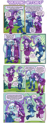 Size: 566x1412 | Tagged: safe, artist:art-2u, derpibooru import, starlight glimmer, trixie, equestria girls, accessory swap, barrette, boots, cape, clothes, comic, dress, duo, exhausted, fall formal outfits, hat, high heel boots, jump rope, jumping, shoes, the great and powerful, trixie's cape, trixie's hat
