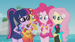 Size: 1920x1080 | Tagged: safe, derpibooru import, screencap, fluttershy, pinkie pie, sci-twi, sunset shimmer, twilight sparkle, equestria girls, equestria girls series, unsolved selfie mysteries, bare shoulders, belly button, bikini, bikini top, cellphone, clothes, female, fluttershy's wetsuit, geode of empathy, geode of fauna, geode of sugar bombs, geode of telekinesis, glasses, hairpin, legs together, magical geodes, one-piece swimsuit, phone, pink swimsuit, pinkie pie swimsuit, ponytail, sarong, sci-twi swimsuit, sleeveless, smartphone, swimsuit, water, wetsuit