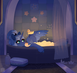 Size: 3018x2880 | Tagged: safe, artist:elektra-gertly, derpibooru import, princess luna, alicorn, bath, bathing, bathroom, bathtub, cute, hooves up, lunabetes, ponytail, reclining, rubber duck, shoes removed, soap, solo, towel, unshorn fetlocks