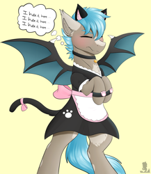 Size: 3000x3459 | Tagged: safe, artist:monsoonvisionz, derpibooru import, oc, oc only, bat pony, pony, bat pony oc, bell, bell collar, cat ears, clothes, collar, crossdressing, maid, male, sad cat dance, solo