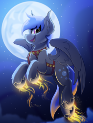 Size: 1900x2500 | Tagged: safe, artist:starcasteclipse, derpibooru import, oc, oc only, pegasus, pony, commission, female, flying, glowing, glowing hooves, jingle bells, mare, moon, night, smiling, solo, ych result
