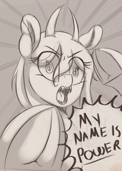 Size: 3000x4200 | Tagged: safe, artist:2fat2fly, derpibooru import, oc, oc only, demon, demon pony, original species, pony, chainsaw man, dialogue, ear fluff, ears, eye clipping through hair, female, frog (hoof), horns, mare, monochrome, open mouth, ponified, power (chainsaw man), sharp teeth, solo, species swap, teeth, underhoof