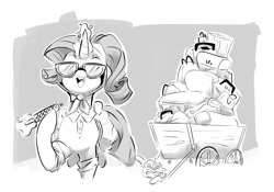 Size: 1942x1358 | Tagged: safe, artist:sketchtablet, derpibooru import, rarity, sweetie belle, pony, unicorn, camping, camping outfit, cart, duo, female, filly, foal, glowing, glowing horn, horn, luggage, magic, mare, monochrome, nail file, siblings, sisters, sunglasses, telekinesis, wagon