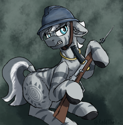 Size: 2358x2404 | Tagged: safe, artist:reddthebat, derpibooru import, zecora, pony, zebra, bayonet, carbine, female, gun, helmet, mare, solo, stripes, weapon, world war i