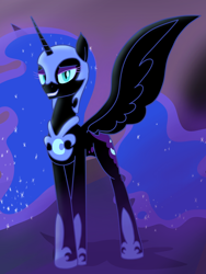 Size: 3000x4000 | Tagged: safe, artist:flaremoon, derpibooru import, nightmare moon, alicorn, pony, armor, bedroom eyes, female, grin, high res, looking at you, mare, show accurate, smiling, smiling at you, solo, spread wings, wings