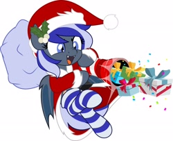 Size: 2048x1661 | Tagged: safe, artist:jhayarr23, derpibooru import, oc, oc only, bat pony, pony, bat pony oc, christmas, clothes, commission, costume, holiday, present, santa costume, simple background, socks, solo, striped socks, white background, ych result