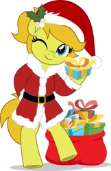 Size: 1325x2048 | Tagged: safe, artist:jhayarr23, derpibooru import, oc, oc only, earth pony, pony, bipedal, christmas, clothes, commission, costume, holiday, mistletoe, one eye closed, present, santa costume, simple background, solo, white background, wink, ych result