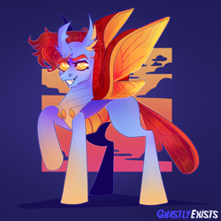 Size: 1500x1500 | Tagged: safe, artist:ghastlyexists, derpibooru import, oc, oc only, oc:lovebug, changedling, changeling, changeling oc, fangs, gradient hooves, horn, looking at you, shading, shadow, simple background, smiling, smiling at you, solo, spread wings, standing, watermark, wings