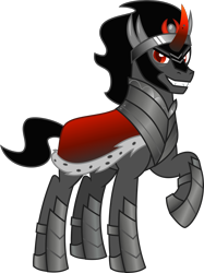Size: 1712x2288 | Tagged: safe, artist:lightningbolt, derpibooru exclusive, derpibooru import, king sombra, pony, unicorn, .svg available, armor, cape, clothes, crown, curved horn, fangs, gradient horn, grin, horn, jewelry, looking at you, male, raised hoof, raised leg, regalia, short tail, simple background, smiling, solo, stallion, svg, tail, transparent background, vector