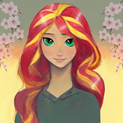 Size: 1024x1024 | Tagged: safe, derpibooru import, edit, generator:midjourney, machine learning generated, sunset shimmer, human, equestria girls, beautiful, beautiful eyes, clothes, cute, female, happy, humanized, looking at you, smiling, solo