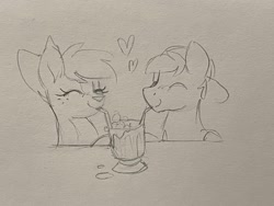 Size: 2048x1536 | Tagged: safe, artist:selenophile, derpibooru import, oc, oc only, oc:canvas, oc:seleno, deer, pony, duo, eyes closed, heart, monochrome, sharing a drink, sketch, traditional art