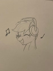 Size: 1536x2048 | Tagged: safe, artist:selenophile, derpibooru import, oc, oc only, oc:canvas, deer, eyes closed, headphones, monochrome, music notes, smiling, solo, traditional art