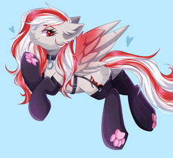 Size: 1033x942 | Tagged: safe, artist:freyamilk, derpibooru import, oc, oc:skyshard melody, pegasus, pony, black socks, blue background, butt, clothes, collar, commission, cyan background, ear fluff, ears, fluffy, garters, heart, music notes, paw pads, paw socks, paws, plot, red eyes, red hair, simple background, smiling, socks, solo, spread wings, stockings, tail, thigh highs, underpaw, white fur, white mane, wings, ych result
