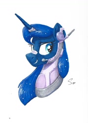 Size: 1038x1451 | Tagged: safe, artist:selenophile, derpibooru import, princess luna, alicorn, pony, headphones, headset, microphone, science fiction, signature, simple background, solo, traditional art, white background