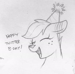 Size: 2994x2940 | Tagged: safe, artist:selenophile, derpibooru import, oc, oc only, oc:canvas, deer, eyes closed, hat, monochrome, open mouth, party hat, pencil drawing, solo, traditional art