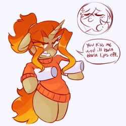 Size: 749x746 | Tagged: safe, artist:drawtheuniverse, derpibooru import, oc, oc only, pony, unicorn, angry, bipedal, blushing, clothes, dialogue, ears, eye clipping through hair, eyes closed, floppy ears, gritted teeth, kissy face, nose wrinkle, offscreen character, puckered lips, simple background, solo focus, suspended, sweater, teeth, white background