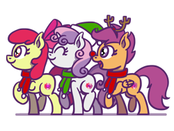 Size: 1800x1350 | Tagged: safe, artist:flutterluv, derpibooru import, apple bloom, scootaloo, sweetie belle, earth pony, pegasus, pony, unicorn, adorabloom, antlers, apple bloom's bow, bow, christmas, clothes, cute, cutealoo, cutie mark crusaders, diasweetes, female, filly, foal, hair bow, hat, holiday, red nose, santa hat, scarf, simple background, transparent background, trio