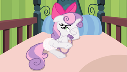 Size: 5747x3249 | Tagged: safe, alternate version, artist:sollace, derpibooru exclusive, derpibooru import, sweetie belle, pony, unicorn, somepony to watch over me, .svg available, accessory swap, apple bloom's bed, apple bloom's bow, bed, bow, butt, chains, cute, diaper, diaper fetish, diasweetes, female, fetish, hair bow, hoof over eye, looking at you, lying down, lying on bed, nervous, non-baby in diaper, on bed, pacifier, plot, raised hoof, raised leg, scrunchy face, show accurate, sleepy, solo, svg, vector, wiping, wiping eye