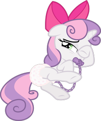 Size: 2593x3102 | Tagged: safe, alternate version, artist:sollace, derpibooru exclusive, derpibooru import, sweetie belle, pony, unicorn, somepony to watch over me, .svg available, accessory swap, apple bloom's bow, bed, bow, butt, chains, cute, diaper, diaper fetish, diasweetes, female, fetish, hair bow, high res, hoof over eye, looking at you, lying down, lying on bed, nervous, non-baby in diaper, on bed, pacifier, plot, raised hoof, raised leg, scrunchy face, show accurate, simple background, sleepy, solo, transparent background, vector, wiping, wiping eye