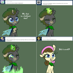 Size: 1302x1302 | Tagged: safe, artist:toadstool-prancer, derpibooru import, bon bon, sweetie drops, oc, oc:tantamount, changeling, magic, one ear down, solo, tantamount time turner