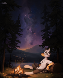 Size: 4116x5093 | Tagged: safe, artist:uliovka, derpibooru import, oc, oc only, oc:nyn indigo, oc:ospreay, griffon, hybrid, original species, timber pony, timber wolf, campfire, forest, grass, night, scenery, sitting, smiling, stars