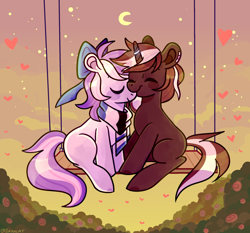 Size: 2212x2064 | Tagged: safe, artist:1racat, derpibooru import, oc, earth pony, pony, unicorn, bow, clothes, commission, couple, duo, duo male and female, eyes closed, female, flower, in love, male, moon, oc x oc, rose, scarf, shipping, straight, swing, ych result