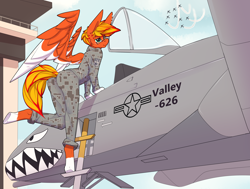 Size: 3700x2800 | Tagged: safe, artist:chapaevv, derpibooru import, oc, oc:blaze fury, anthro, pegasus, clothes, glasses, looking at you, male, patreon, patreon reward, pilot, plane, sky, solo, uniform