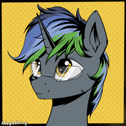 Size: 2000x2000 | Tagged: safe, artist:adagiostring, derpibooru import, oc, oc only, pony, unicorn, bust, colored, commission, flat colors, glasses, horn, male, portrait, simple background, solo, stallion, unicorn oc