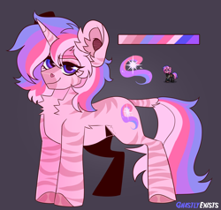 Size: 1894x1800 | Tagged: safe, artist:ghastlyexists, derpibooru import, oc, oc only, oc:wisteria radiance, hybrid, pony, unicorn, zebra, zony, fallout equestria, ashes town, chest fluff, cutie mark, ear fluff, ears, eyebrows, eyelashes, female, long tail, looking at you, mare, reference sheet, short mane, signature, simple background, smiling, smiling at you, solo, standing, stripes, tail, unshorn fetlocks, watermark, zonicorn