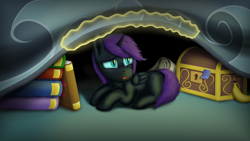 Size: 4000x2250 | Tagged: safe, artist:enteryourponyname, derpibooru import, oc, oc:nyx, alicorn, pony, fanfic:past sins, banana, blanket, book, chest, fanfic art, female, filly, foal, food, hiding, implied princess celestia, implied princess luna, lying down, magic, note, offscreen character, prone, scared, scroll, solo, sticky note, telekinesis, trolluna