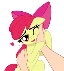 Size: 985x1085 | Tagged: safe, artist:lockerobster, derpibooru import, edit, apple bloom, earth pony, human, pony, adorabloom, cute, female, filly, floating heart, foal, hand, heart, looking at you, offscreen character, offscreen human, one eye closed, open mouth, open smile, petting, show accurate, simple background, smiling, white background
